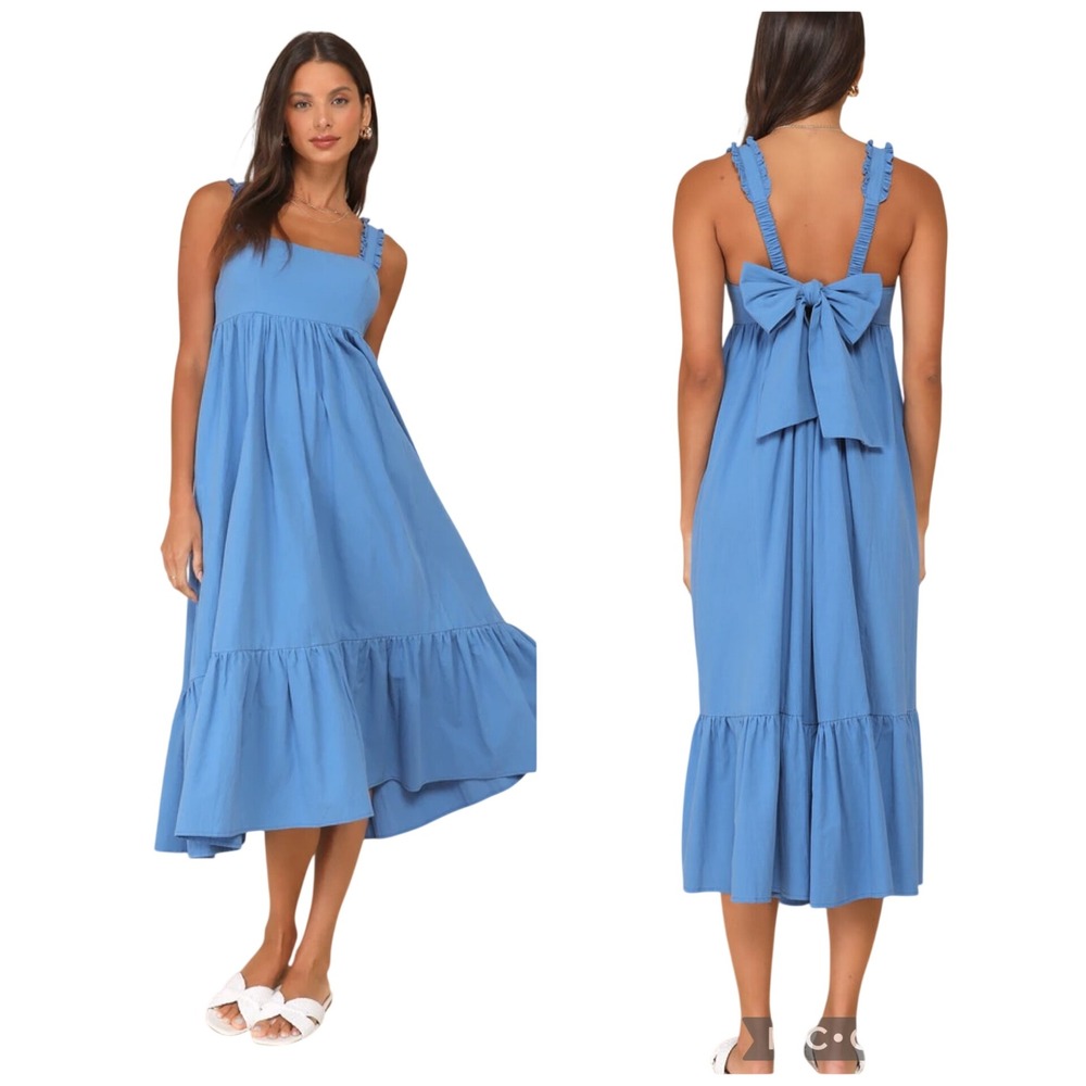 Lulus Blue Ruffle Strap Tie Back Tiered Cotton‎ Midi Dress Medium NWT